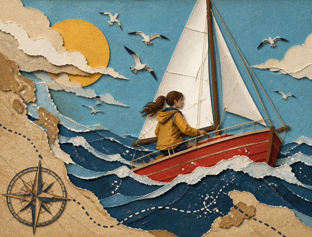 Paper collage illustration for The Kid Who Set Sail Alone