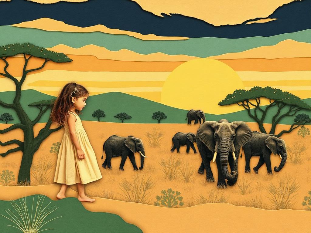 Paper collage of a girl watching elephants at sunrise on the savanna