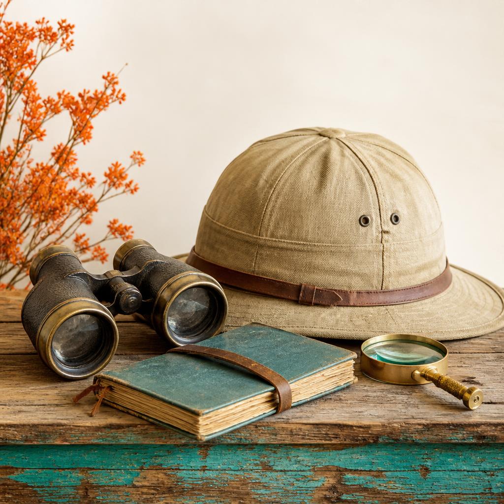 Binoculars, a safari hat and a field journal on a wooden shelf