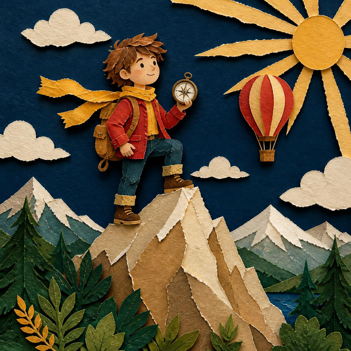 Paper collage of a child explorer holding a compass on a mountain